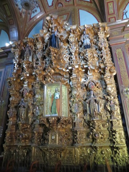 Some of the ornate carvings inside the Templo de Aranzazu